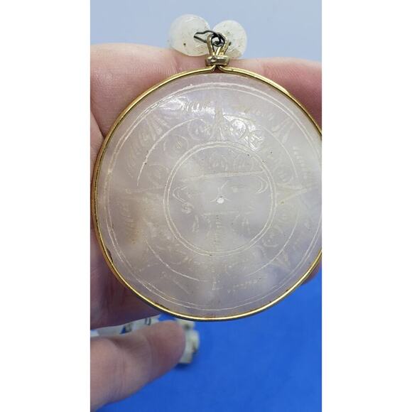 Vintage Necklace Pendant Medallion Myan Sun God Carved Quartz Beaded Chain Gem - Picture 4 of 9